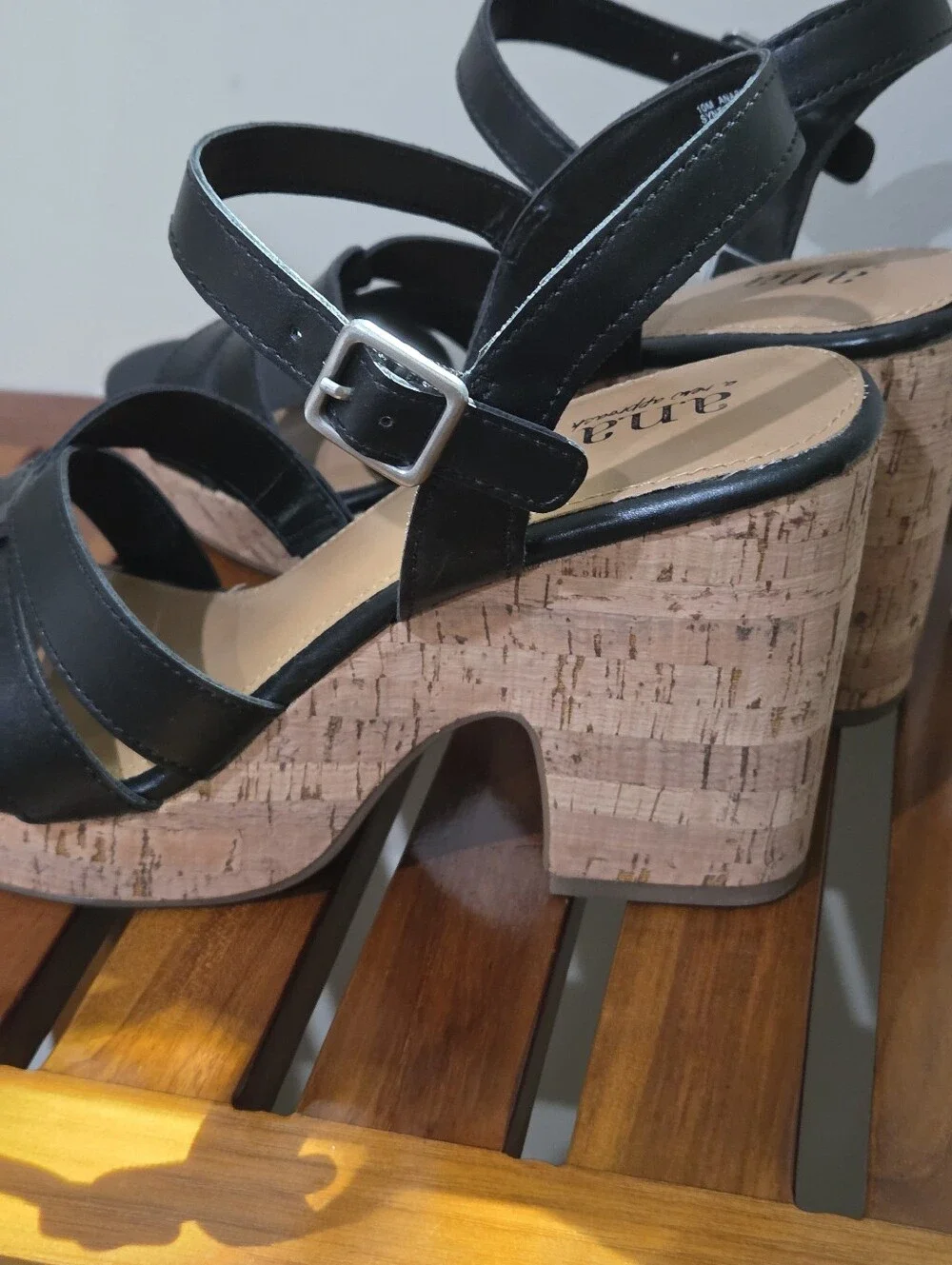 a.n.a Billie Black Strappy Cork Wedge Sandals Size 10 NEW